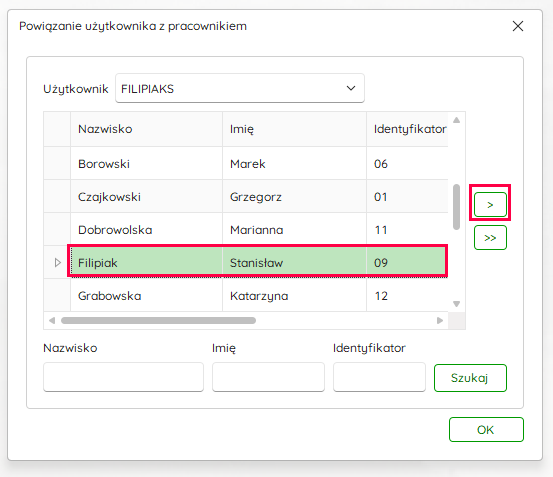 Strzałka Powiąż pracownika w tabeli powiązań – Nowy R2Płatnik