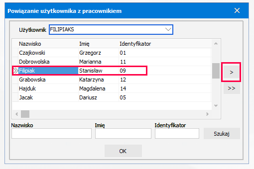 Strzałka Powiąż pracownika w tabeli powiązań – R2Płatnik