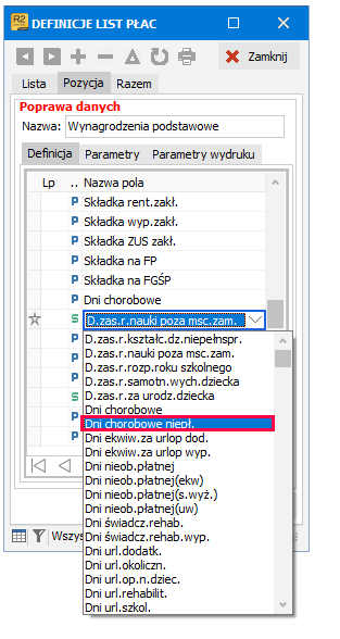 Wybór pola Dni chorobowe niepł. – R2Płatnik