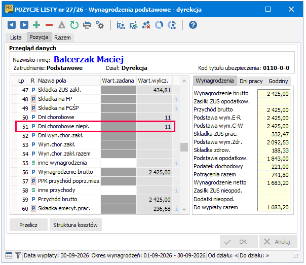 Pole Dni chorobowe niepł. na liście płac – R2Płatnik