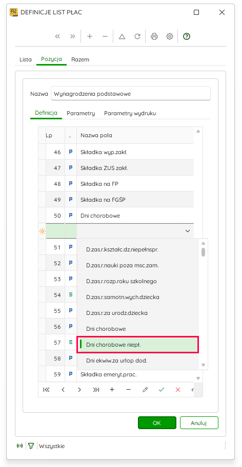 Wybór pola Dni chorobowe niepł. – Nowy R2Płatnik
