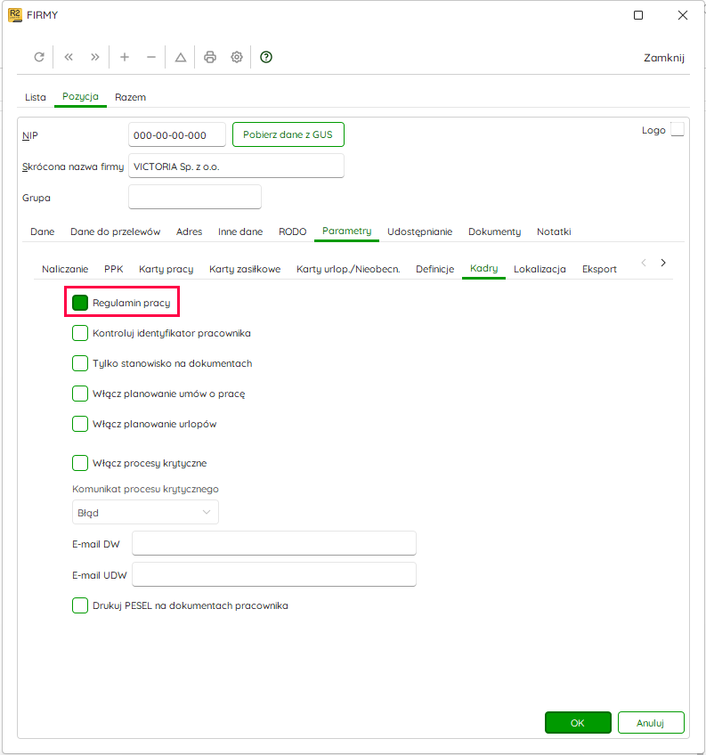 Odznaczona opcja Regulamin pracy w parametrach Kadry – Nowy R2Płatnik