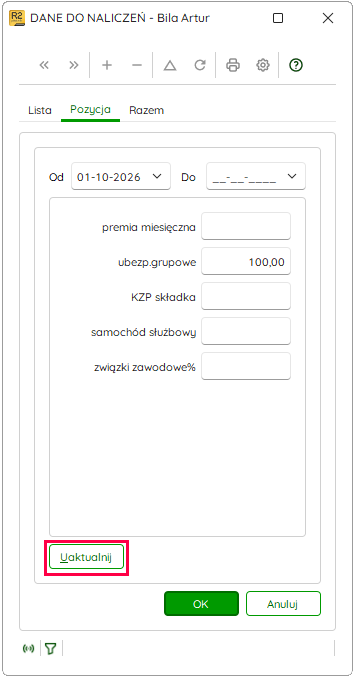 Przycisk Uaktualnij w ewidencji Dane do naliczeń – Nowy R2Płatnik