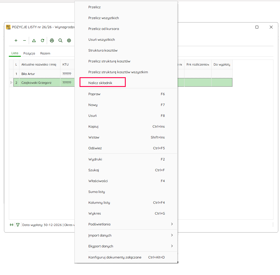 Opcja Nalicz składnik w menu listy płac – Nowy R2Płatnik