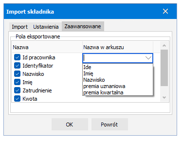 Przypisanie kolumn z pliku na zakładce Zaawansowane – R2Płatnik