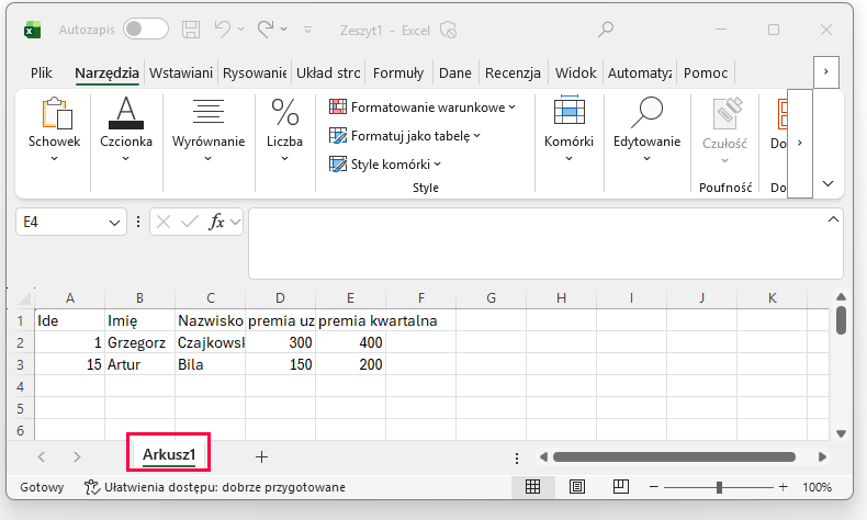 Nazwa arkusza na dole skoroszytu Excel