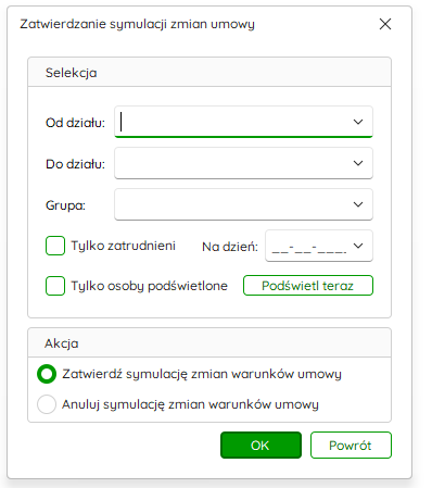 Okno zatwierdzania lub anulowania symulacji zmian warunków – Nowy R2Płatnik
