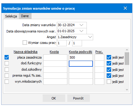 Zakładka Dane z warunkami umowy dla podwyżki – R2Płatnik