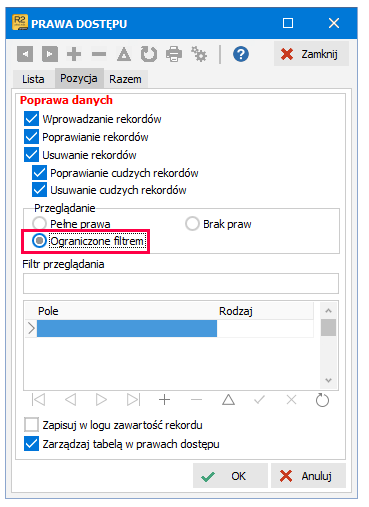 Opcja Ograniczone filtrem w sekcji Przeglądanie – R2Płatnik