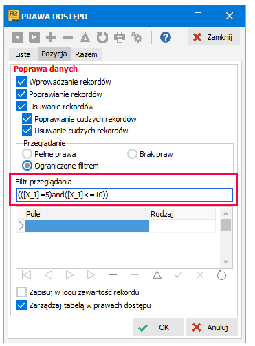 Pole Filtr przeglądania z wpisanym filtrem – R2Płatnik