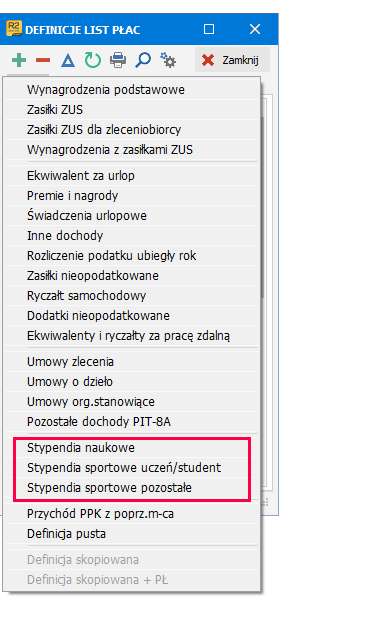 Szablony definicji list płac dla stypendiów – R2Płatnik