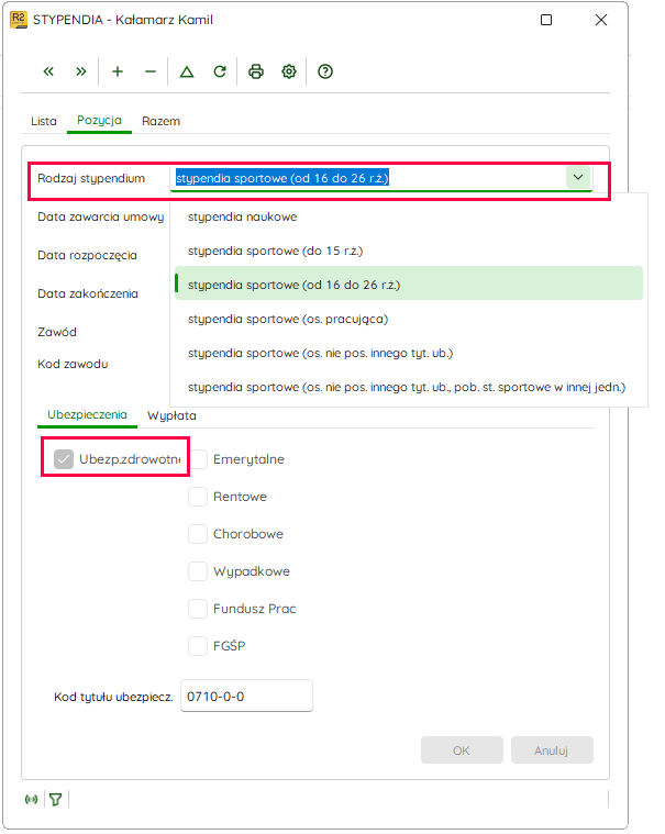 Wybór typu stypendium w ewidencji Stypendia – Nowy R2Płatnik