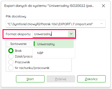 Wybór formatu eksportu Uniwersalny lub NBP – Nowy R2Płatnik