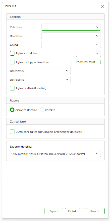 Menu Raporty ZUS z pozycją Raport ZUS RIA – Nowy R2Płatnik
