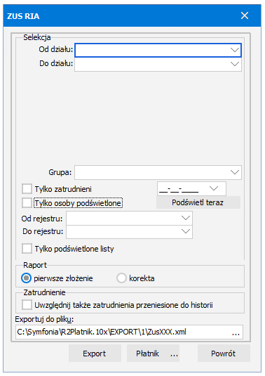 Menu Raporty ZUS z pozycją Raport ZUS RIA – R2Płatnik