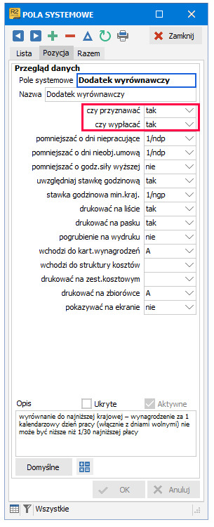 Pole systemowe Dodatek wyrównawczy na zakładce Pozycja – R2Płatnik