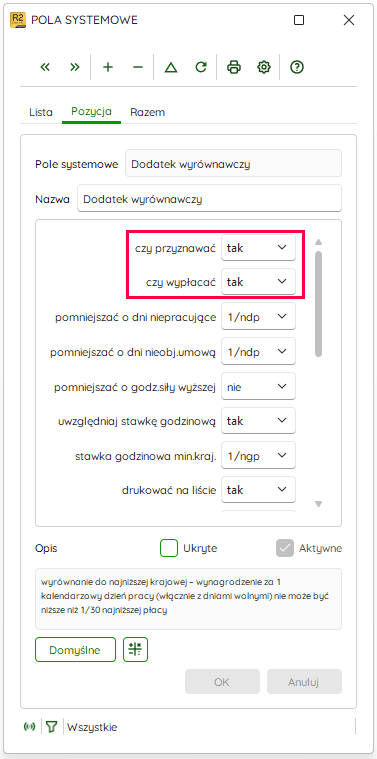 Pole systemowe Dodatek wyrównawczy na zakładce Pozycja – Nowy R2Płatnik