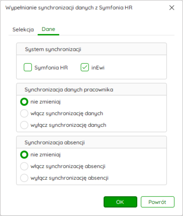 Zakładka Dane z ustawieniami synchronizacji danych i absencji – Nowy R2Płatnik