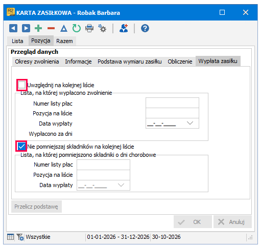 Zakładka Wypłata zasiłku w Karcie zasiłkowej – R2Płatnik