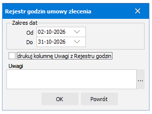 Wydruk Umowa zlecenia – rejestr godzin w menu Wydruki – R2Płatnik