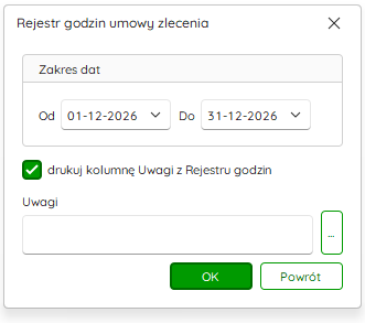 Wydruk Umowa zlecenia – rejestr godzin w menu Wydruki – Nowy R2Płatnik